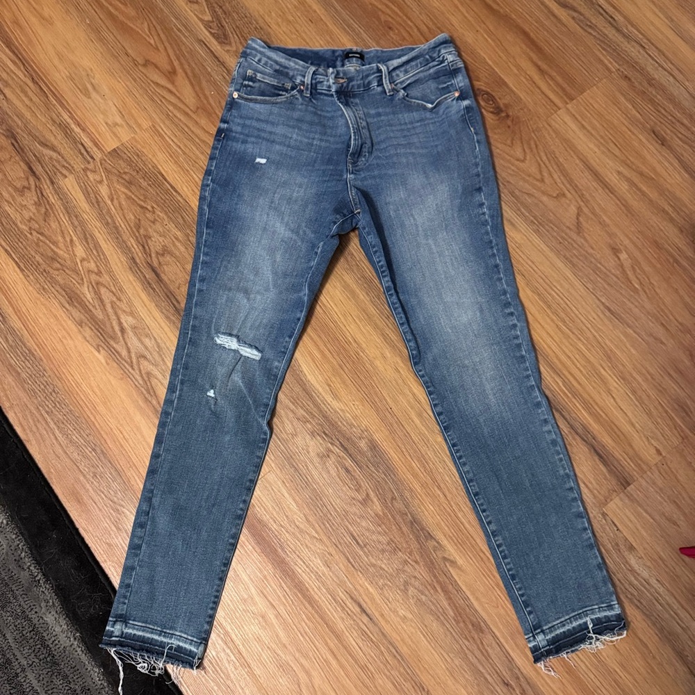 Express Blue Distressed Skinny Jeans - Size Large Long (12, 14, 16) 34 inseam